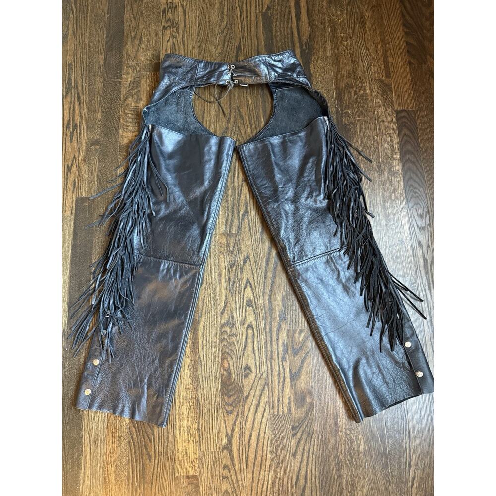 Yukon Jack Leather Motorcycle Chaps M Roses Fringe